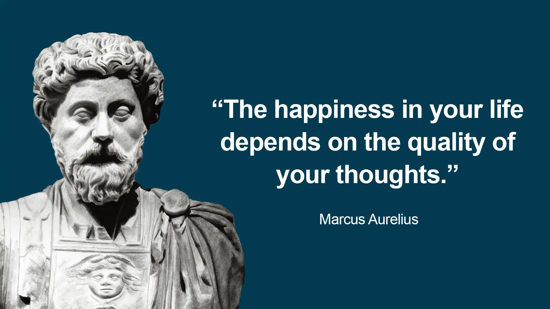 Statue of Marcus Aurelius with a thoughtful happiness quote.