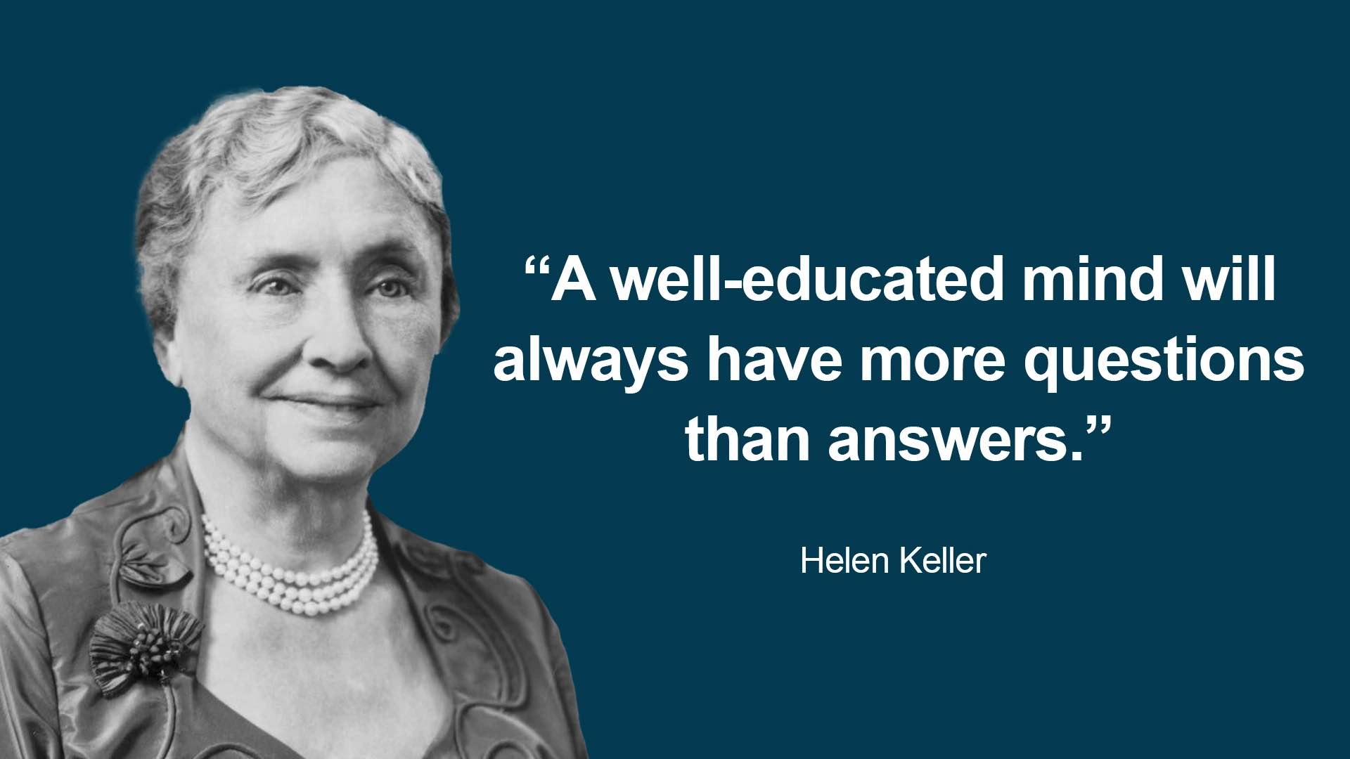 A quote by helen keller on a blue background.