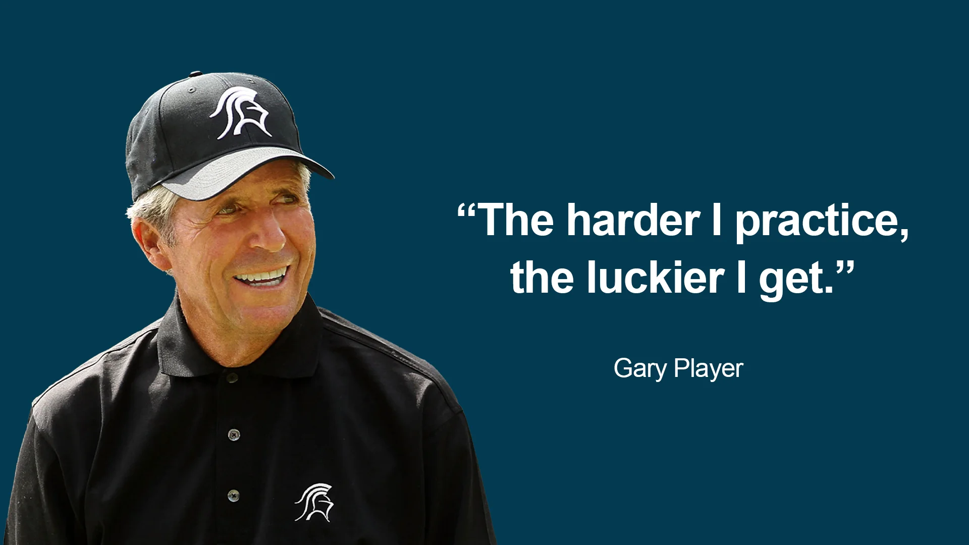 A man in black shirt and hat next to text.