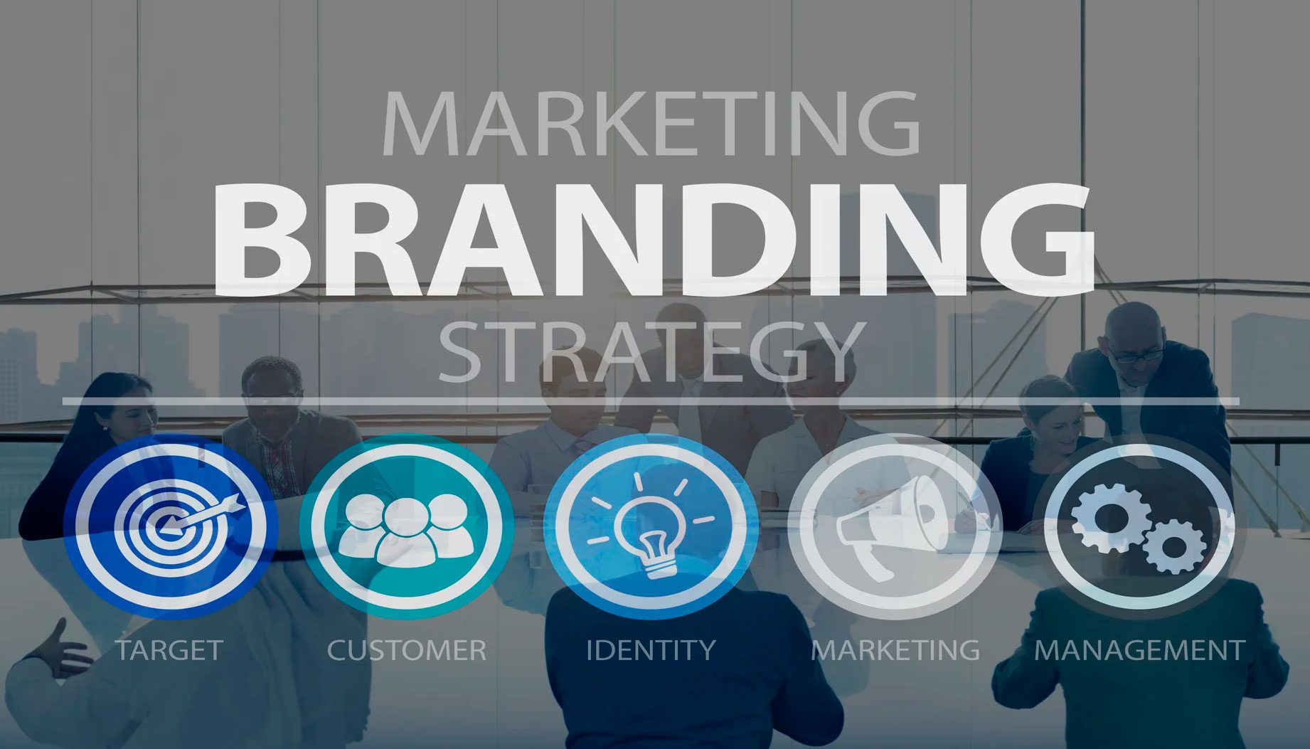 A group of people standing in front of a sign that says marketing branding strategy.